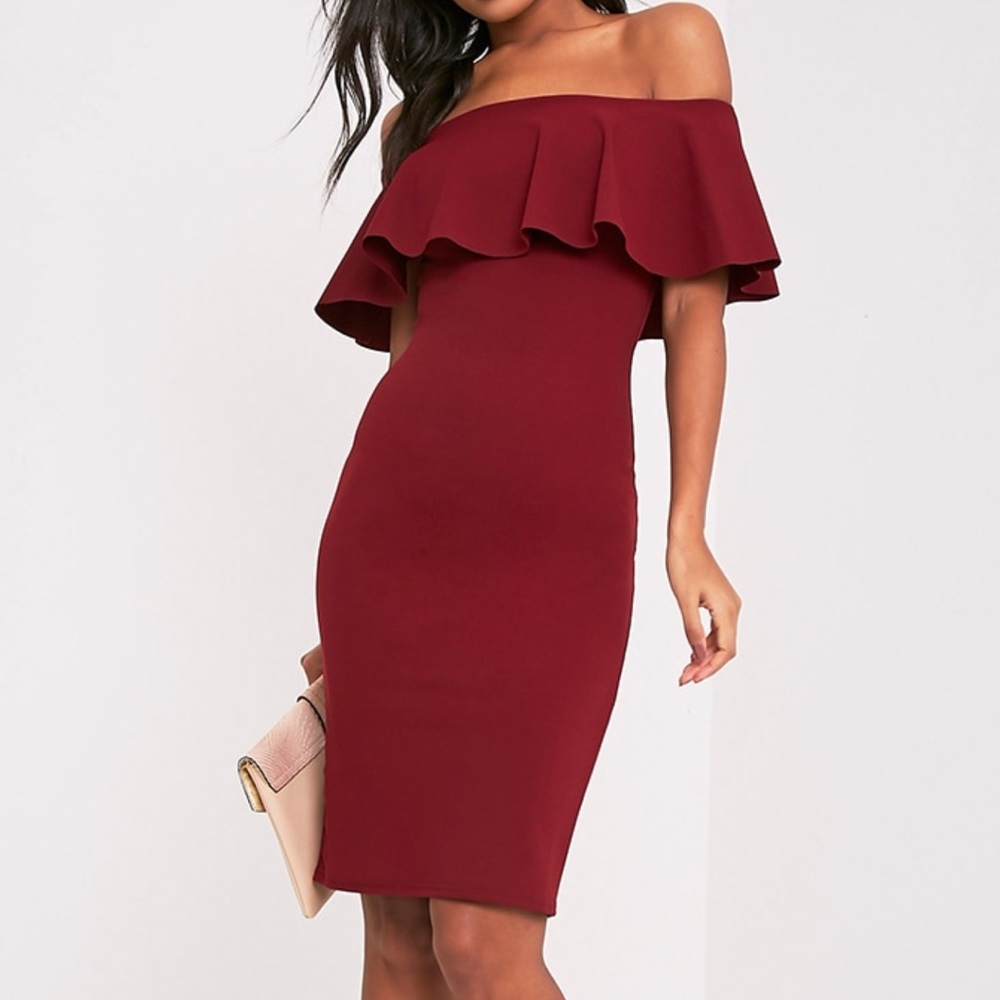PRETTY LITTLE THING - burgundy bardot frill midi dress